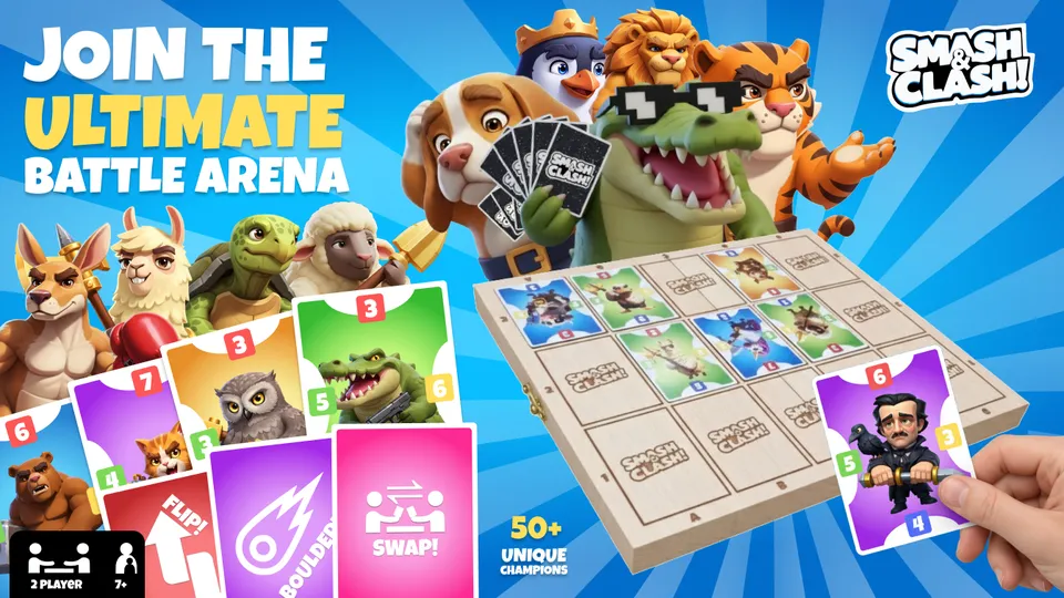 The physical Smash&Clash board game: a wooden game board with champion cards and effect cards, and a crowd of champions.